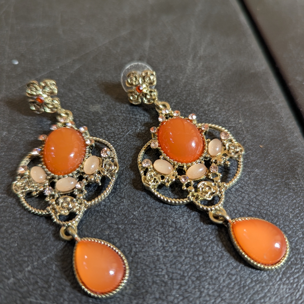 Vintage-Inspired Gold and Orange Chandelier Earrings